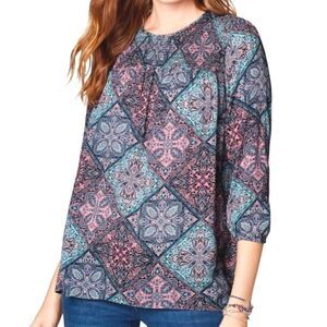 J. Jill Blue & Pink Rayon Smocked Geometric Medallion Peasant Top Blouse XL